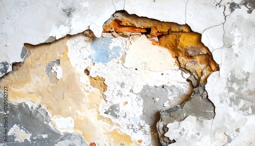 Damaged plaster exposes brick. Peeling paint reveals layers of color, texture, and history in an abstract form
