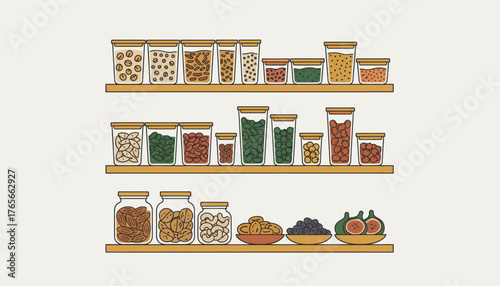 Pantry shelves storing various dried foods in glass jars and bowls, illustrating sustainable storage and healthy eating habits with a zero waste lifestyle