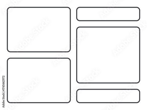 Modern abstract bento-style grid layout template with rounded shapes and minimal black outlines. Perfect for UI design, social media collages, posters, and modern web layouts.