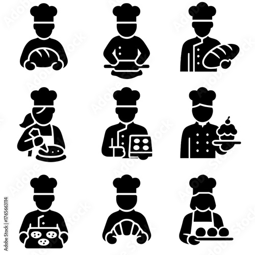 Bakery silhouette icon set. featuring baker, bread, rolling pin, pastry, dessert, and chef symbols
