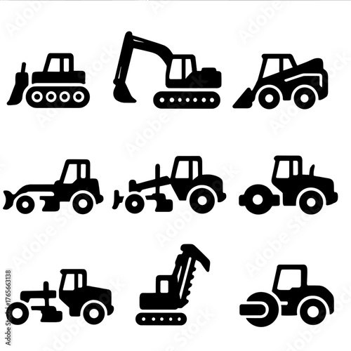 Construction vehicles silhouette icon set. featuring bulldozer, excavator, loader, grader, roller, and tractor symbols