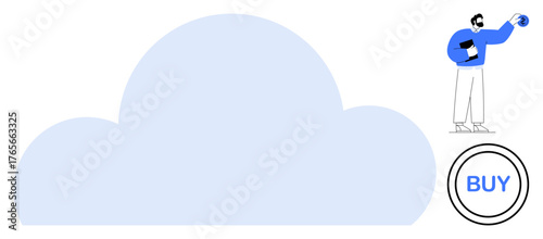 Large blue cloud and a man holding a coin next to a buy button. Ideal for cloud computing, e-commerce, digital payment, online shopping, technology, fintech, modern business. Simple flat metaphor