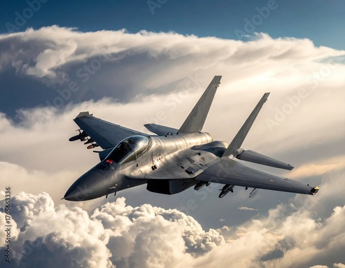 Tableau sur toile Gray Fighter Jet Soaring Above Clouds
