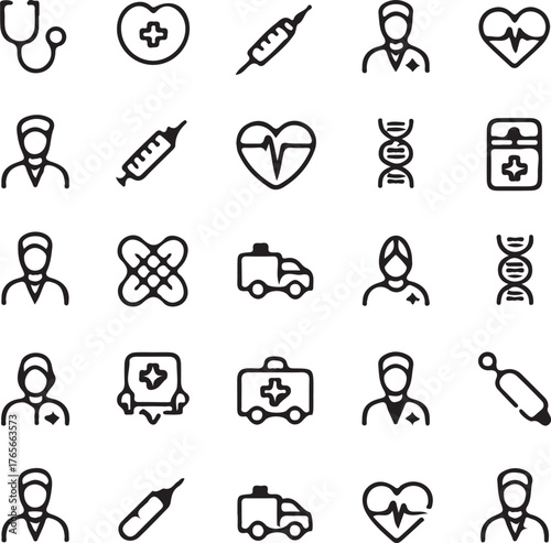 Medical icons stethoscope syringe heart pulse D N A ambulance doctor healthcare nurse