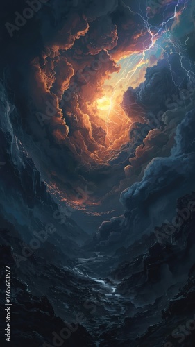 Epic lightning storm illuminates dramatic canyon landscape with powerful celestial energy and a winding river below