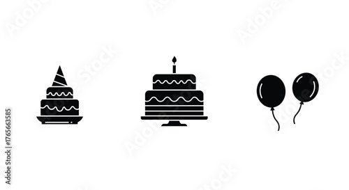 Simple black and white icons of a cake balloons and party hat