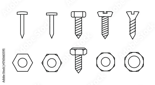 Various types of fasteners including screws bolts and nuts illustration