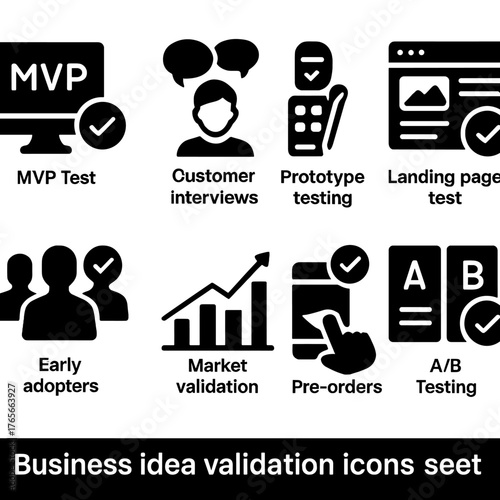 Business validation silhouette icon set. featuring mvp test, interviews, prototype testing, and market validation symbols