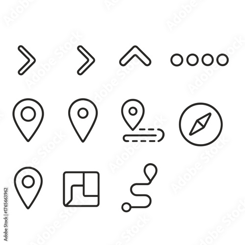 Navigation tools linear icon set. featuring arrow, location, compass, map, pin, and route symbols