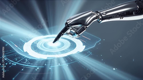 Smart Technology Contact Scene AI Robot Hand Touching Digital Interface with Futuristic Lighting — Futuristic AI Robot Hand Touching Interface Background in 4K Ultra HD