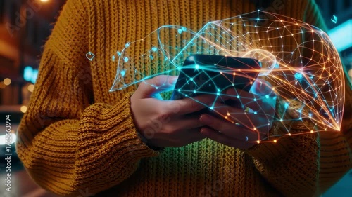 Person Holding Smartphone with Glowing Digital Network Overlay and Futuristic Data Visualization