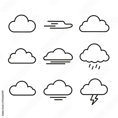 Weather silhouette icon set. featuring cloud, windy, rain, storm, overcast, and lightning symbols