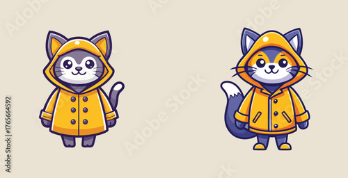 Stylish elegant sharp cat with in raincoat logo vector art design illustration