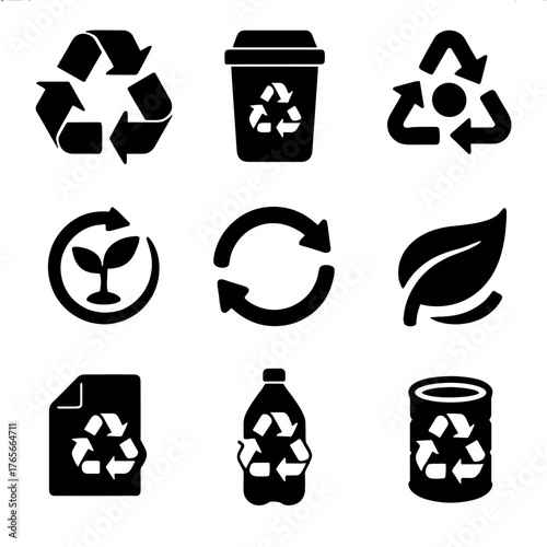 Recycling and sustainability silhouette icon set. featuring recycle bin, eco leaf, paper, can, and bottle symbols
