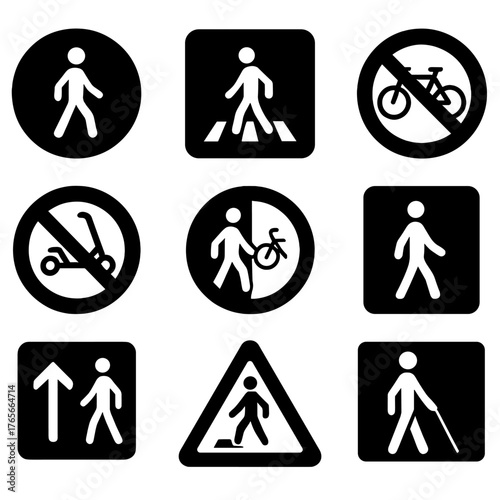 Pedestrian and cycling silhouette icon set. featuring walking, crosswalk, bicycle, scooter, direction, warning symbols