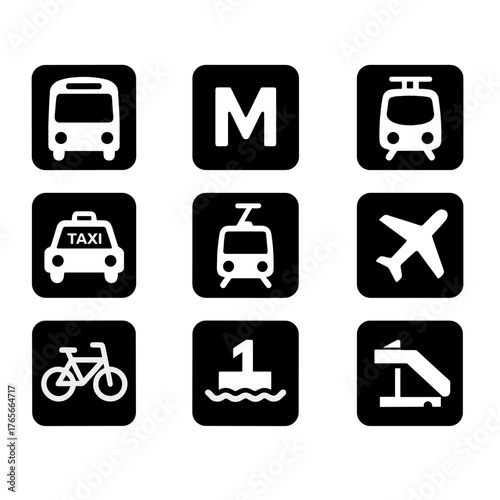 Transportation silhouette icon set. featuring bus, metro, train, taxi, airplane, bike, ferry, escalator symbols