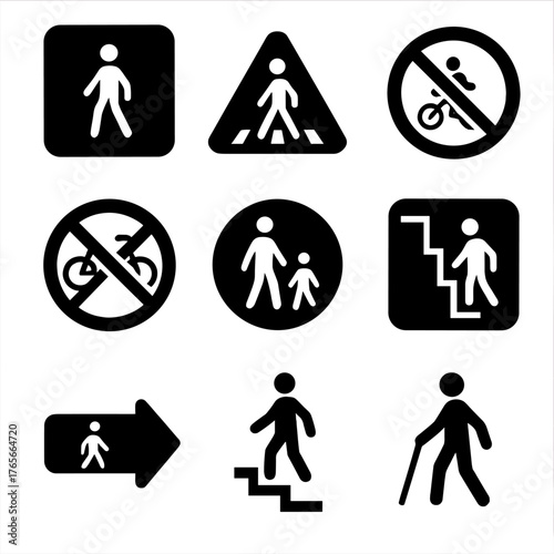 Pedestrian signs silhouette icon set. featuring walking, crossing, no cyclists, stairs, and walking directions