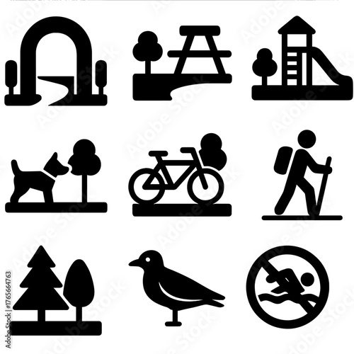 Park activities silhouette icon set. featuring walking, picnic, playground, dog park, cycling, hiking, trees, bird, no swimming