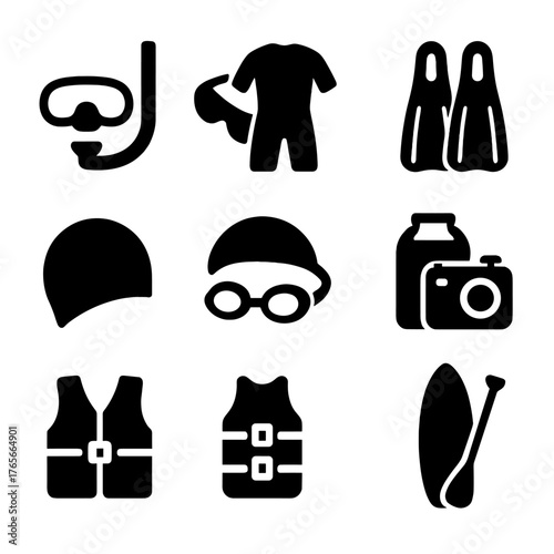 Water sports silhouette icon set. featuring snorkel, wetsuit, fins, cap, goggles, camera, vest, board, paddle.