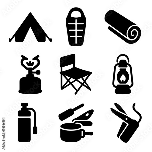 Camping equipment silhouette icon set. featuring tent, sleeping bag, mat, stove, chair, lantern, bottle, knife, and pan.