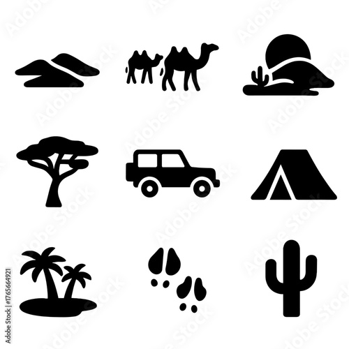 Desert silhouette icon set. featuring camel, tent, cactus, palm, jeep, dunes, sunset, and tree symbols