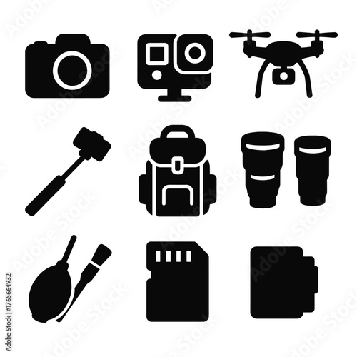 Photography equipment silhouette icons set. featuring camera, action cam, drone, monopod, backpack, lenses, blower, memory card, and filters