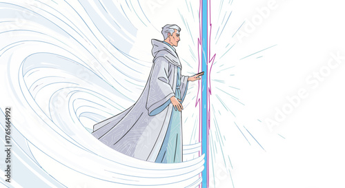 Enigmatic figure in flowing robes touches a glowing portal, surrounded by swirling energy and light, suggesting a magical or scientific breakthrough