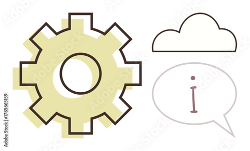 Large gear, stylized cloud, and speech bubble with i inside reflect technological innovation, communication, cloud-based solutions, and teamwork. Ideal for concepts thumbs up technology, cloud