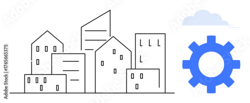 Line art city buildings with a blue gear and cloud above. Ideal for urban development, technology, innovation, engineering, modern infrastructure, business strategy, simple flat metaphor