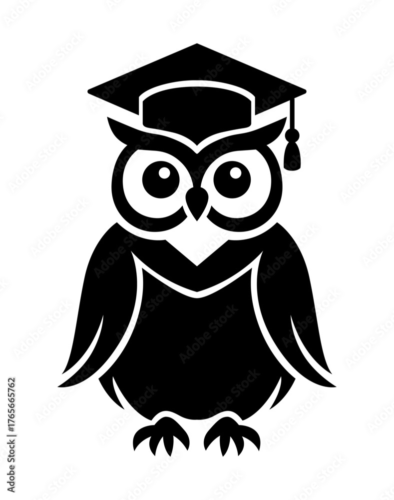 Fototapeta premium Wisdom's Embrace: An owl, adorned with a graduation cap, embodies knowledge and learning. This simple yet elegant silhouette evokes a sense of intelligence and the pursuit of wisdom.