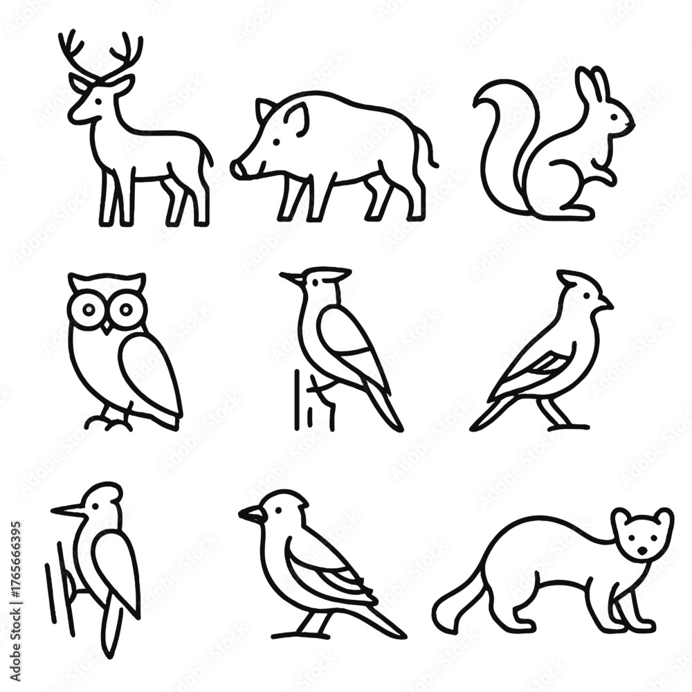 Obraz premium Wildlife linear icon set. featuring deer, boar, squirrel, owl, woodpecker, bird, martin