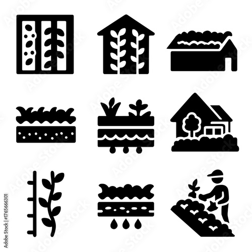Farming and gardening silhouette icon set. featuring greenhouse, garden bed, irrigation, trellis, planting, farm