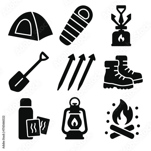 Camping equipment silhouette icon set. featuring tent, sleeping bag, lantern, fire, shovel, stove, boots, poles, thermos