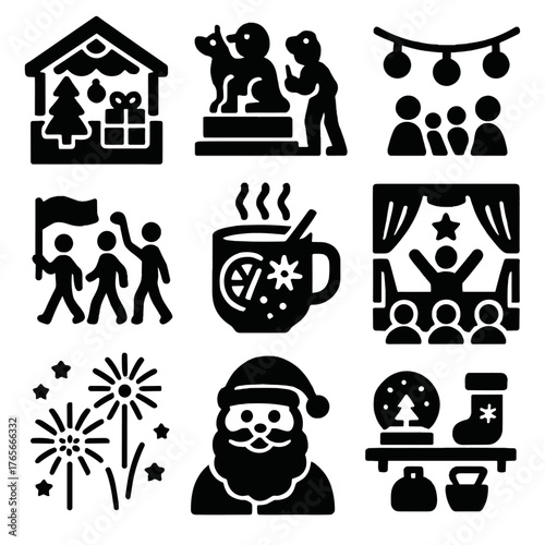 Christmas celebration silhouette icon set. featuring nativity, santa, carolers, mug, fireworks, and decorations