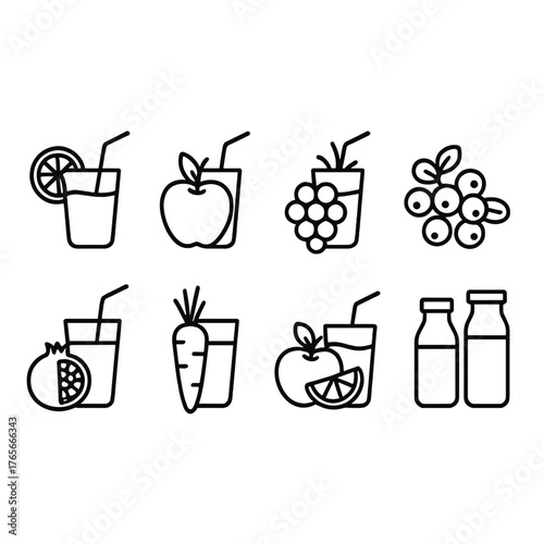 Juice and fruit linear icon set. featuring orange, apple, grapes, berries, pomegranate, carrot, and drink bottles