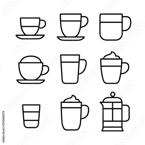 Coffee cups linear icon set. featuring espresso, cappuccino, latte, mug, macchiato, and french press symbols