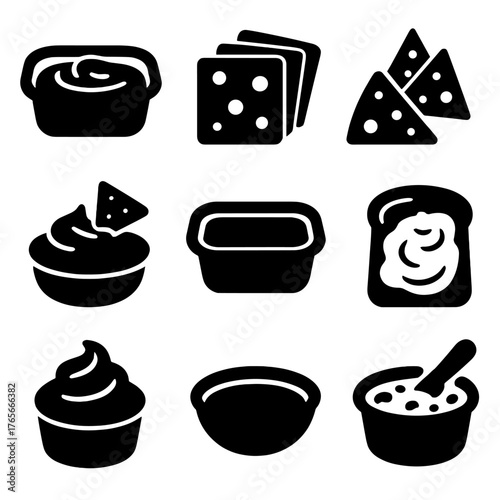 Dairy products silhouette icons set. featuring butter, cheese, crackers, cream, yogurt, and bread symbols