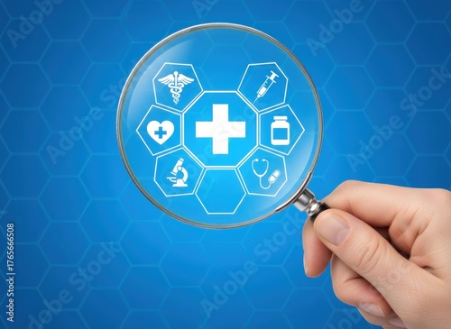 Exploring health innovations medical icons under a magnifying glass digital space infographic blue background healthcare