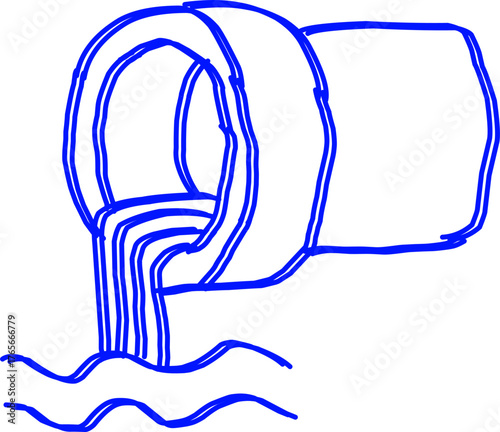 Blue line art of a pipe discharging water into a stream on a white background, symbolizing pollution, drainage, wastewater, and environmental issues.
