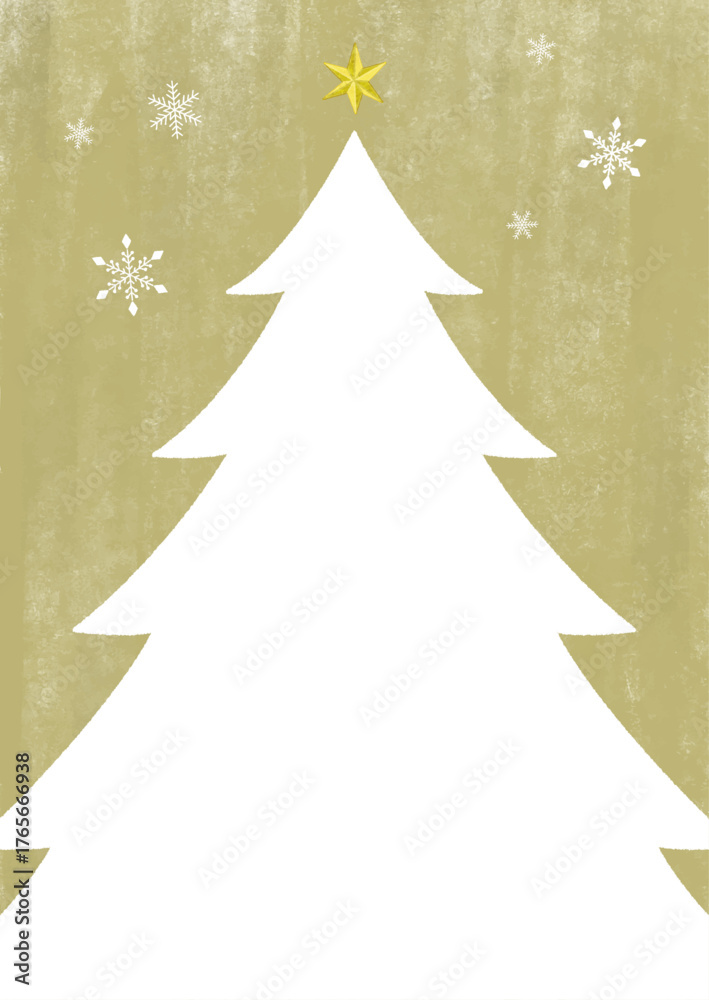 Fototapeta premium クリスマスツリーのシルエットと雪の結晶の背景フレームイラスト（ゴールド・縦）