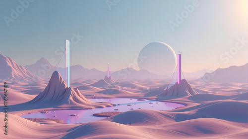 Wallpaper Mural A minimalistic alien landscape where geometric shapes float in a luminous vapor, casting elongated shadows. Sleek crystalline structures rise from iridescent terrain, pulsating with surreal energy. St Torontodigital.ca