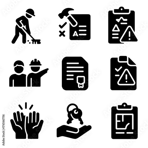 Construction and safety silhouette icon set. featuring worker, checklist, helmet, document, and blueprint symbols