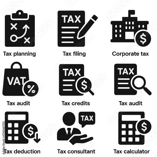 Finance and tax silhouette icon set. featuring planning, filing, corporate, vat, audit, credits, deduction, consultant, calculator