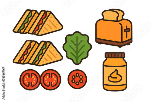 Toasted sandwiches, electric toaster, fresh lettuce, tomato slices, and creamy spread jar