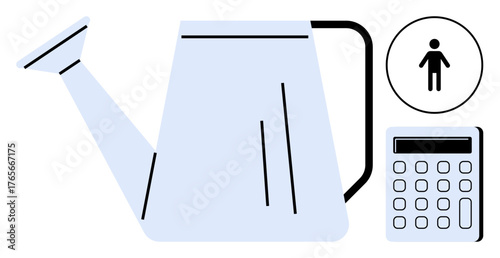 Watering can pouring care, calculator symbolizing measurement and planning, human icon representing growth needs. Ideal for development, efficiency, health, sustainability, equity, management