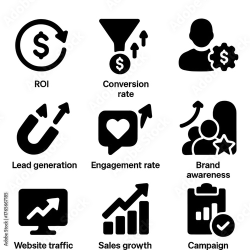 Business metrics silhouette icon set. featuring roi, conversion rate, lead generation, engagement, brand awareness, and campaign symbols