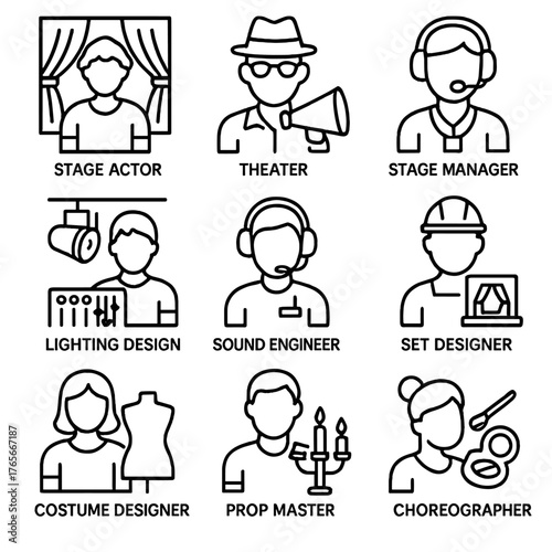 Theater professions linear icon set. featuring stage actor, theater, stage manager, lighting design, sound engineer