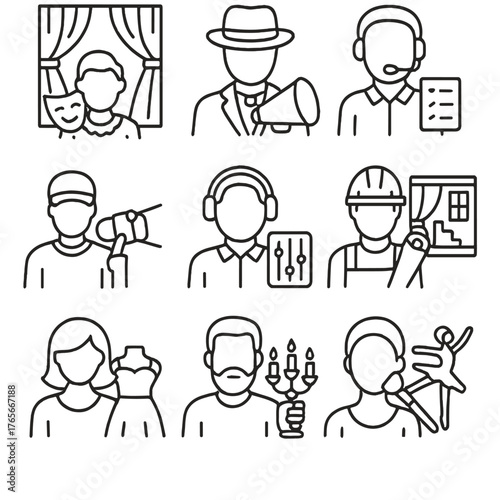 Theater and film linear icon set. featuring director, actor, stage, costume, script, and spotlight symbols