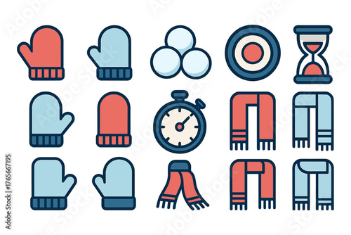 Mittens, scarves, stopwatch, hourglass, and snowballs representing winter activities and time