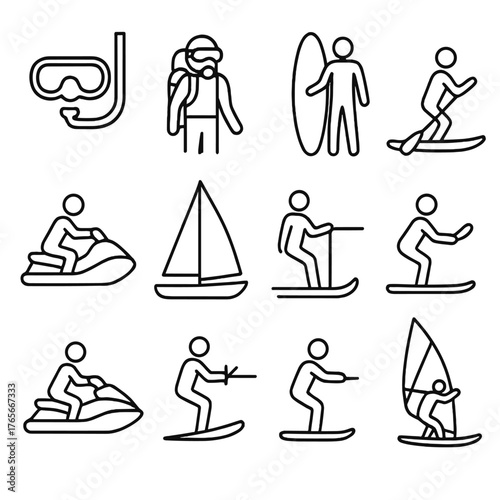 Water sports linear icon set. featuring snorkel, diving, surfing, jet ski, sailing, windsurfing, water skiing symbols